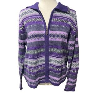 NWOT Classic Elements Fair Isle Purple Zip Rami Cardigan Sweater PL Grandmacore